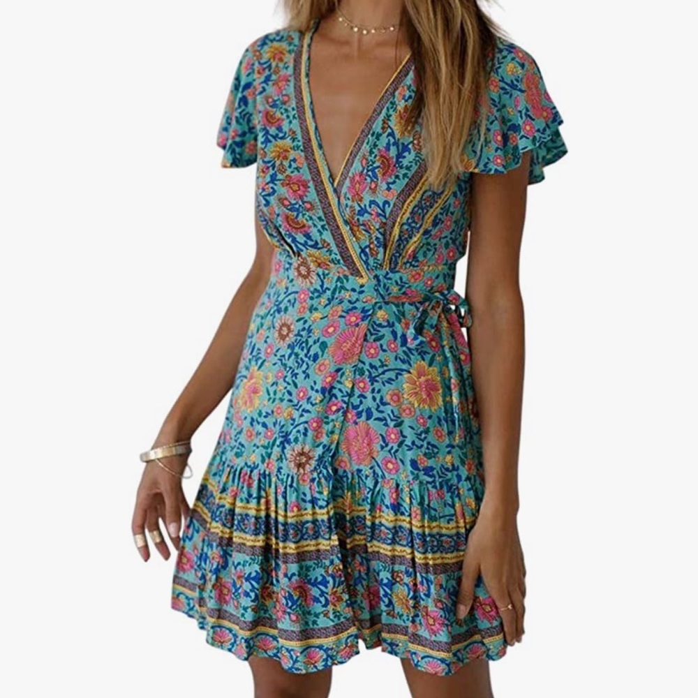 Boho floral wrap dress above the knee.